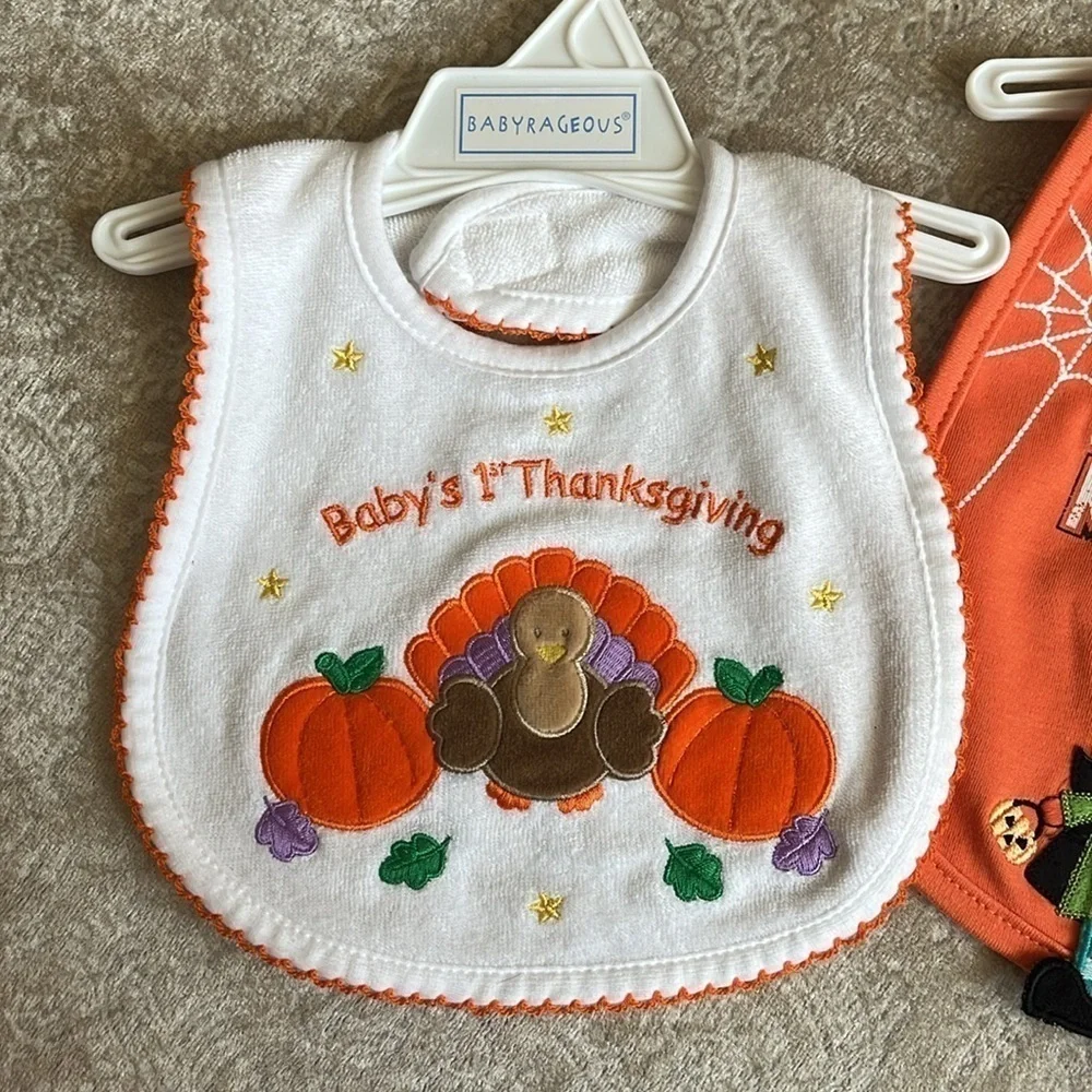 Brand New Set of 2 Cloth Baby Bibs Orange Halloween Thanksgiving Turkey Pumpkin